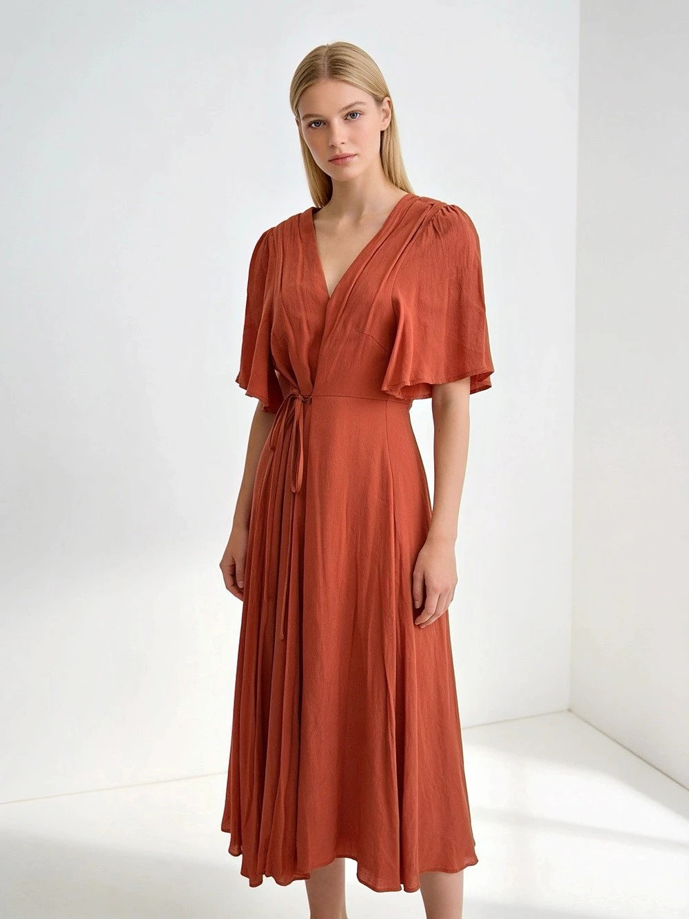 Forever 21 Rust Red Flutter Sleeve Wrap Midi Dress Large
